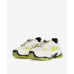 White Sneakers With Platform Sole & Fluorescent Yellow Inserts By The Kooples